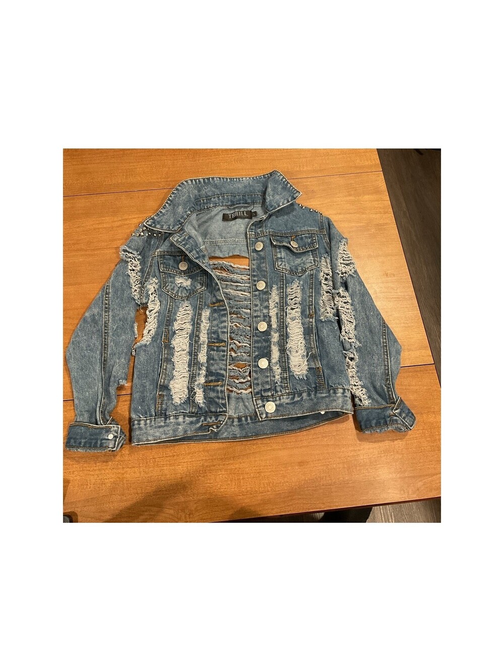 Thrill Women's Distressed Studded Denim Jean Jacket-120